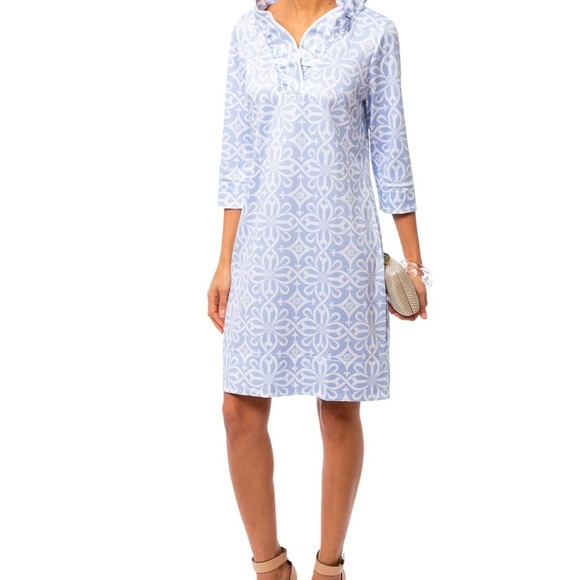 Gretchen Scott Jersey Dress Ruffneck 3/4 Sleeve Piazza Pale Blue Womens Size M - Picture 2 of 8